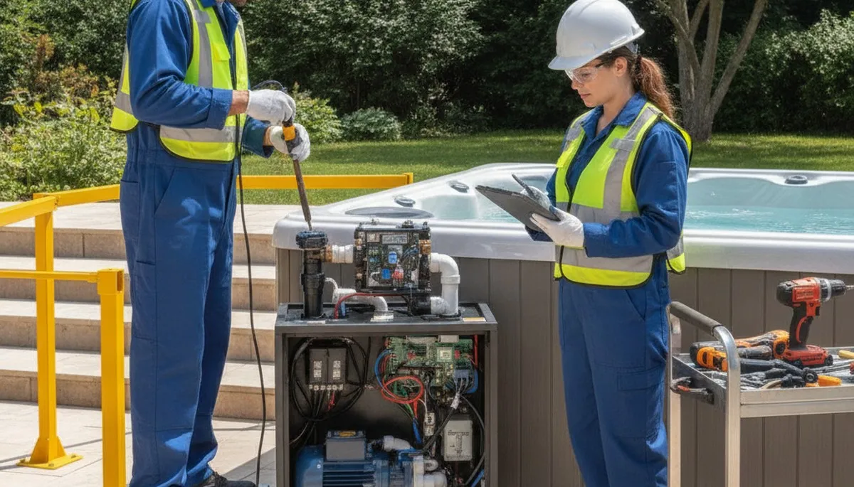 Spa repair service in Newton, MA for homes with On Call Plumbers technicians inspecting equipment